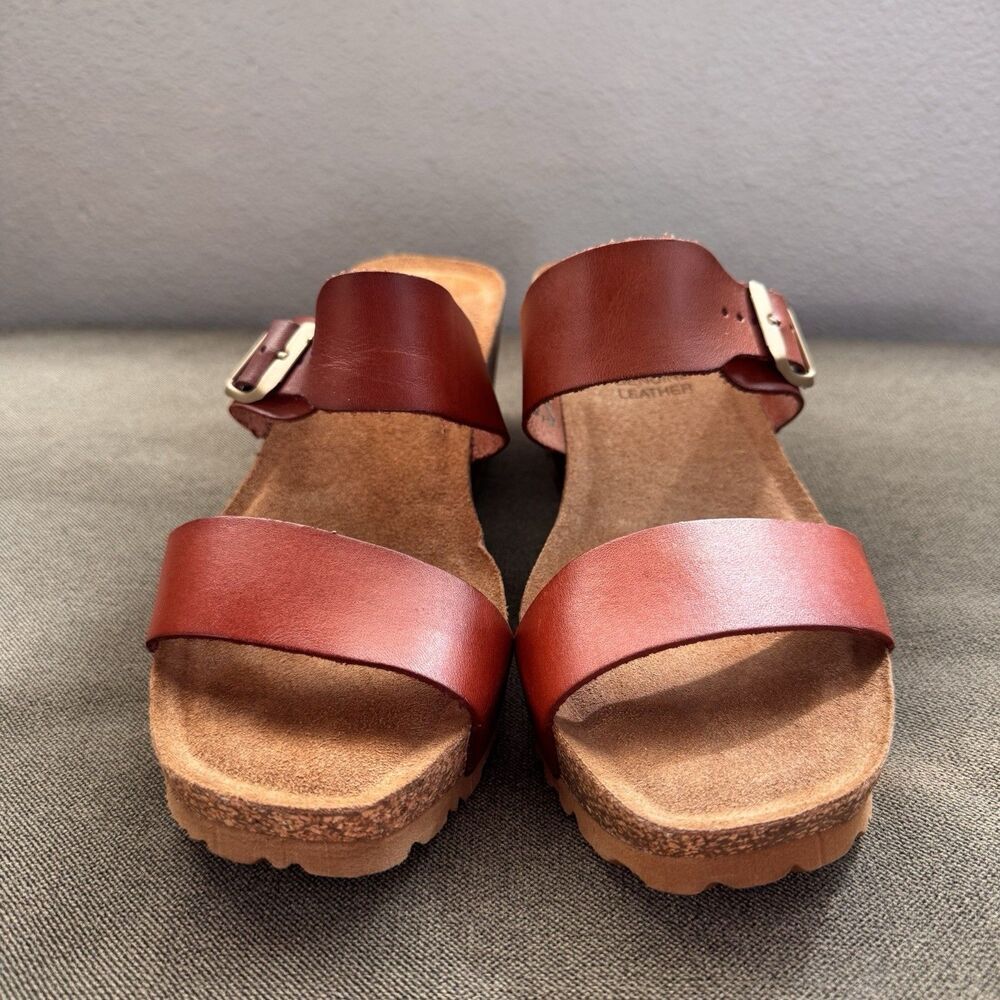 Yokono Sandals Women's 9.5 Cognac Brown Leather Big Buckle Strappy Wedge Spain - Picture 3 of 7